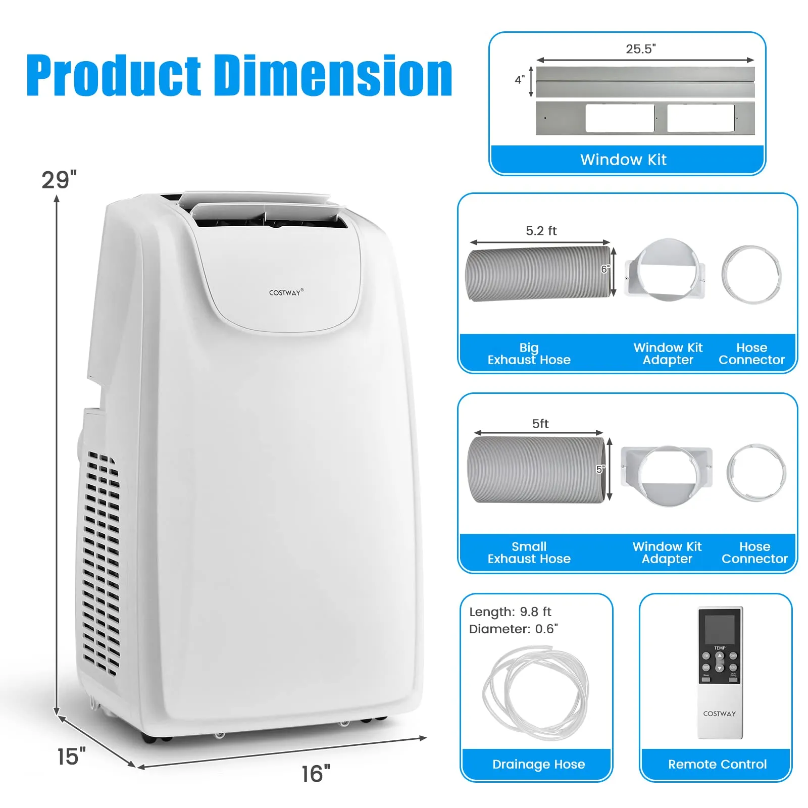 12000 BTU Portable Air Conditioner, with Dual Hose, Remote Control