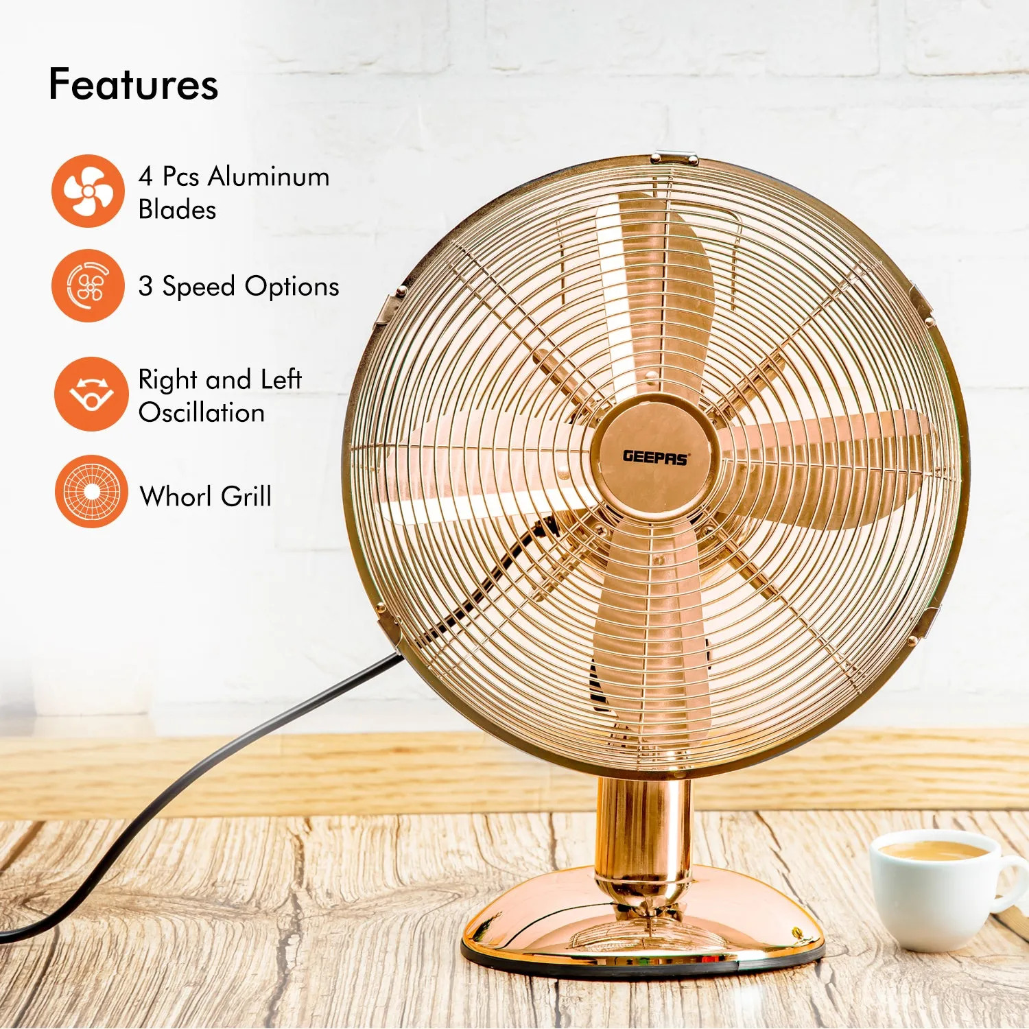 12" Copper Metal Oscillating Desk Fan 35W