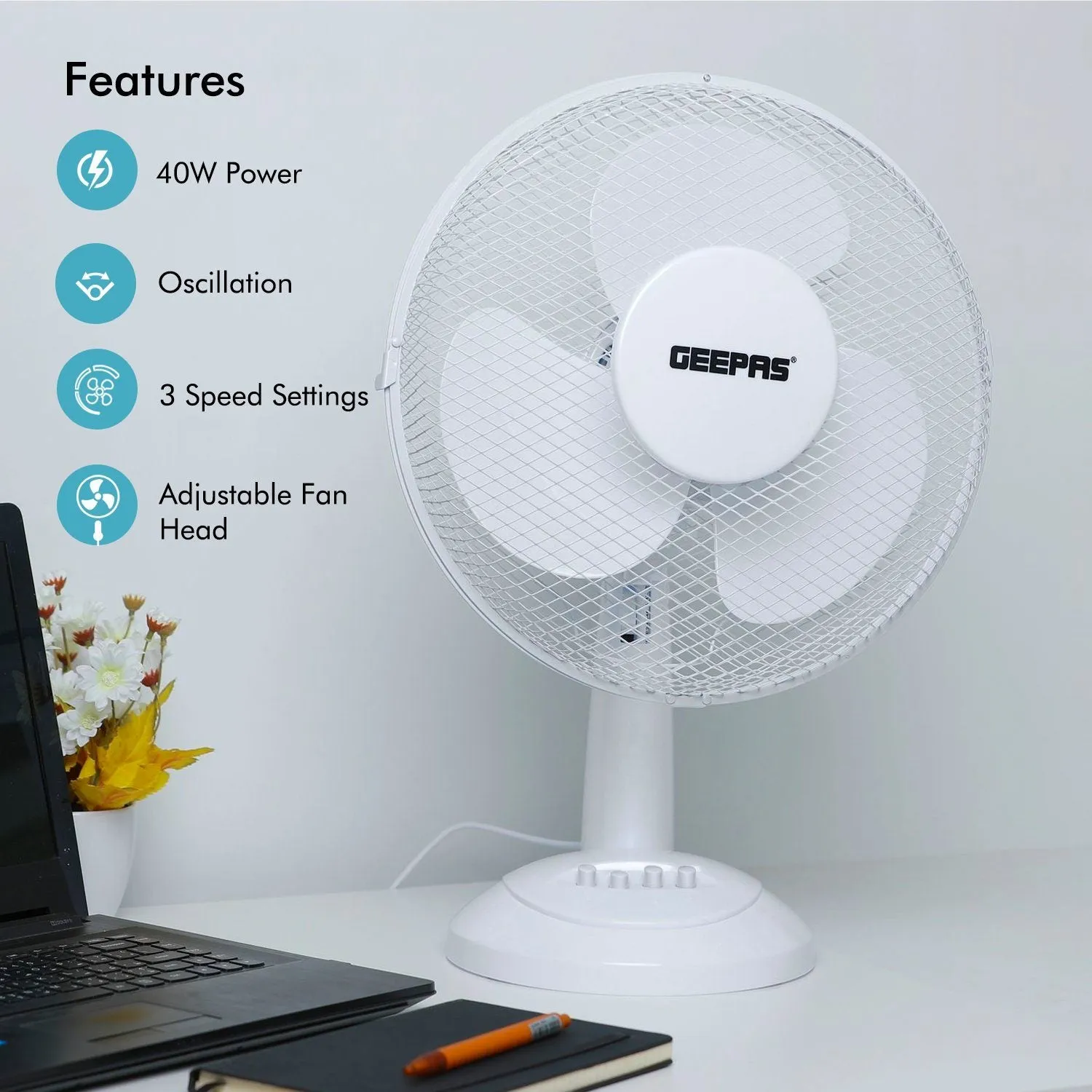 12" White Oscillating Desk Fan