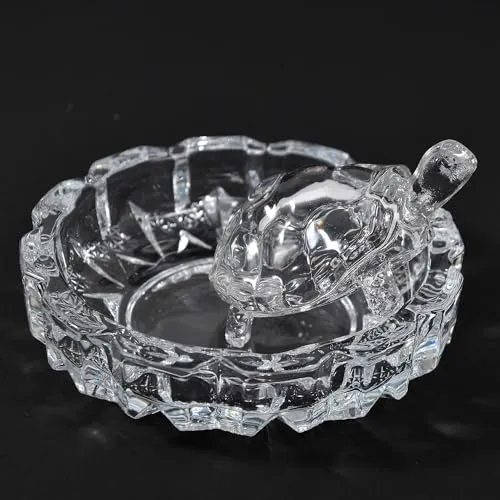 Alusters Crystal Tortoise Glass Kachua with Beautiful Bowl Plate Fengshui Vastu Set for Good Luck Feng Shui Turtle Best Gift Office Showcase Showpiece & Home Decor (Round Plate)