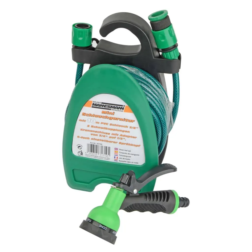 Brüder Mannesmann 10m Mini Garden Hose Set - Durable PVC Hose, Adjustable Spray Gun & Quick Couplings for Small Gardens & Balconies