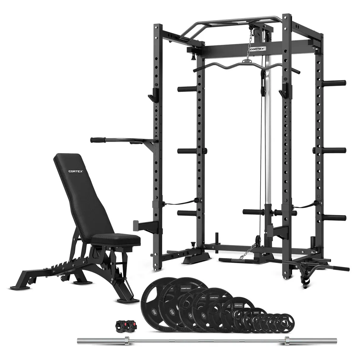 Cortex PR-4 Foldable Squat & Power Rack   BN-9 Bench   100KG Olympic Tri-Grip Weight & Barbell Package