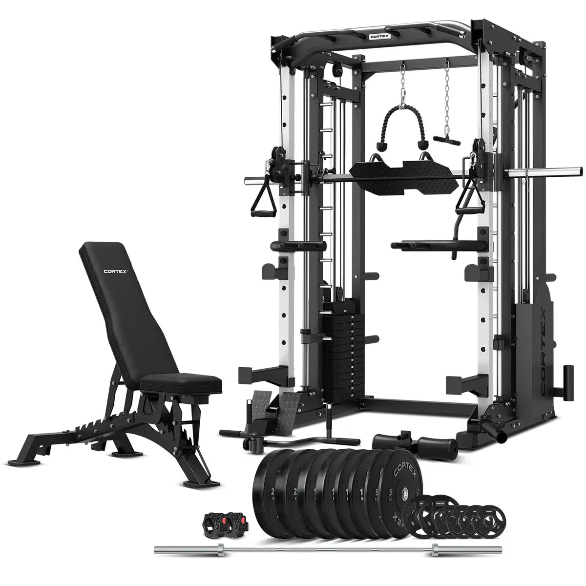 CORTEX SM-25 6-In-1 Power Rack With Smith & Cable Machine   Bn-9 Bench   130Kg Olympic Bumper Weight Plate & Barbell Package