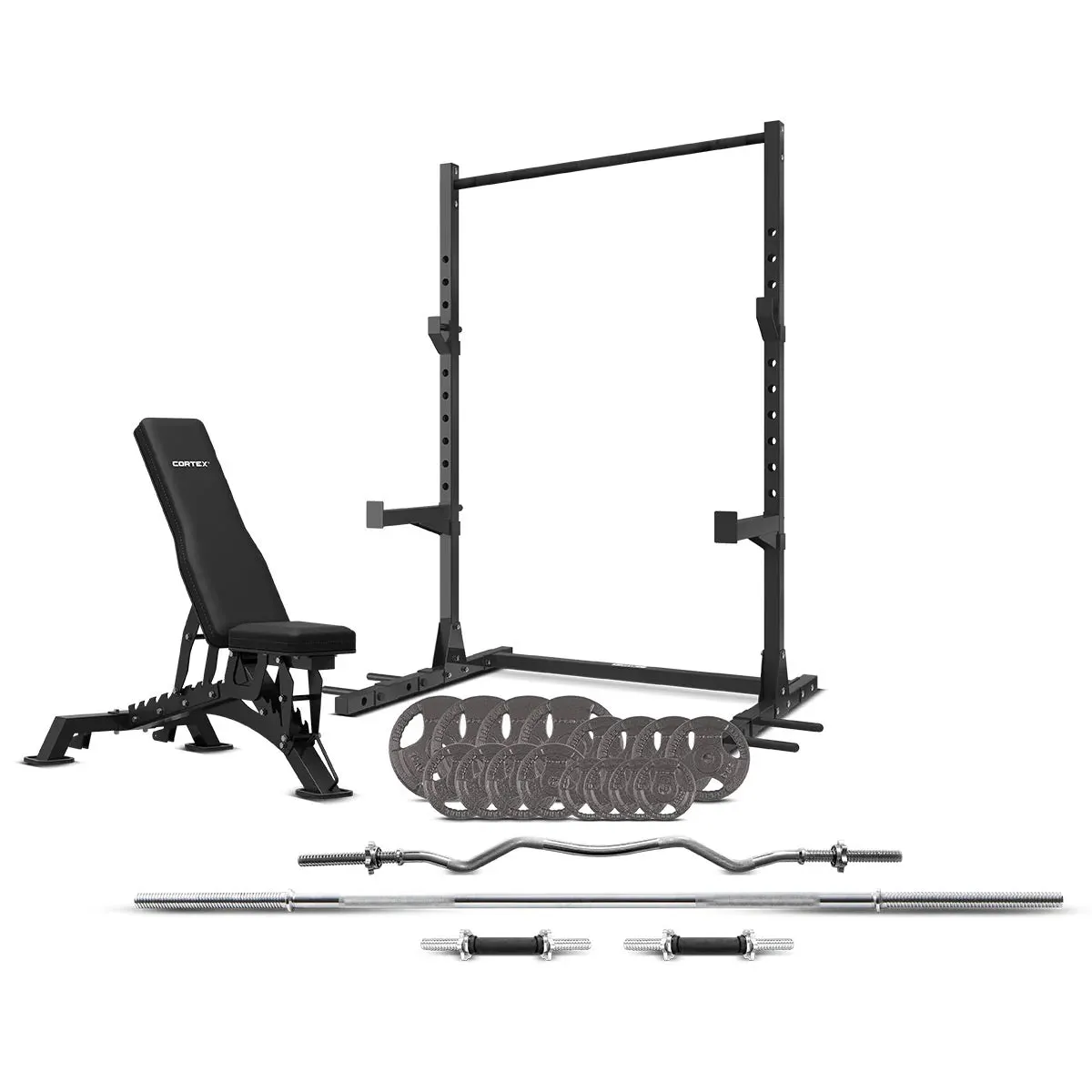 Cortex SR3 Squat Rack with 90KG Tri-Grip Weights   BN-9 Bench   Multi-Bar Package