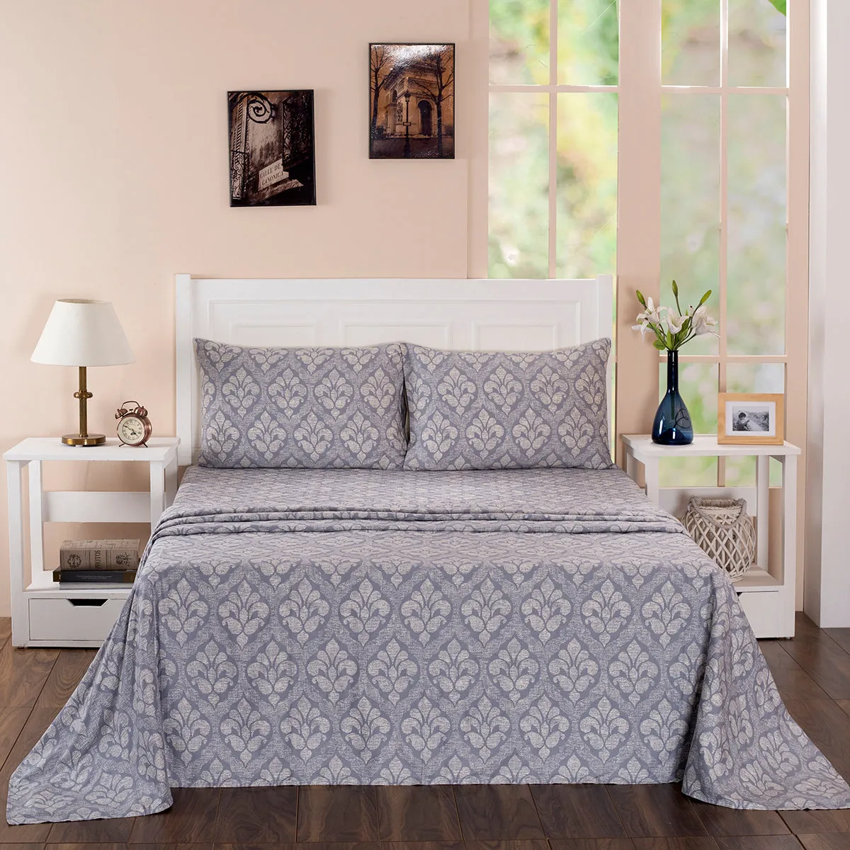 Folklore Transition Diamond Festivity Printed 100% Cotton Blue Ultra Soft Bed Sheet