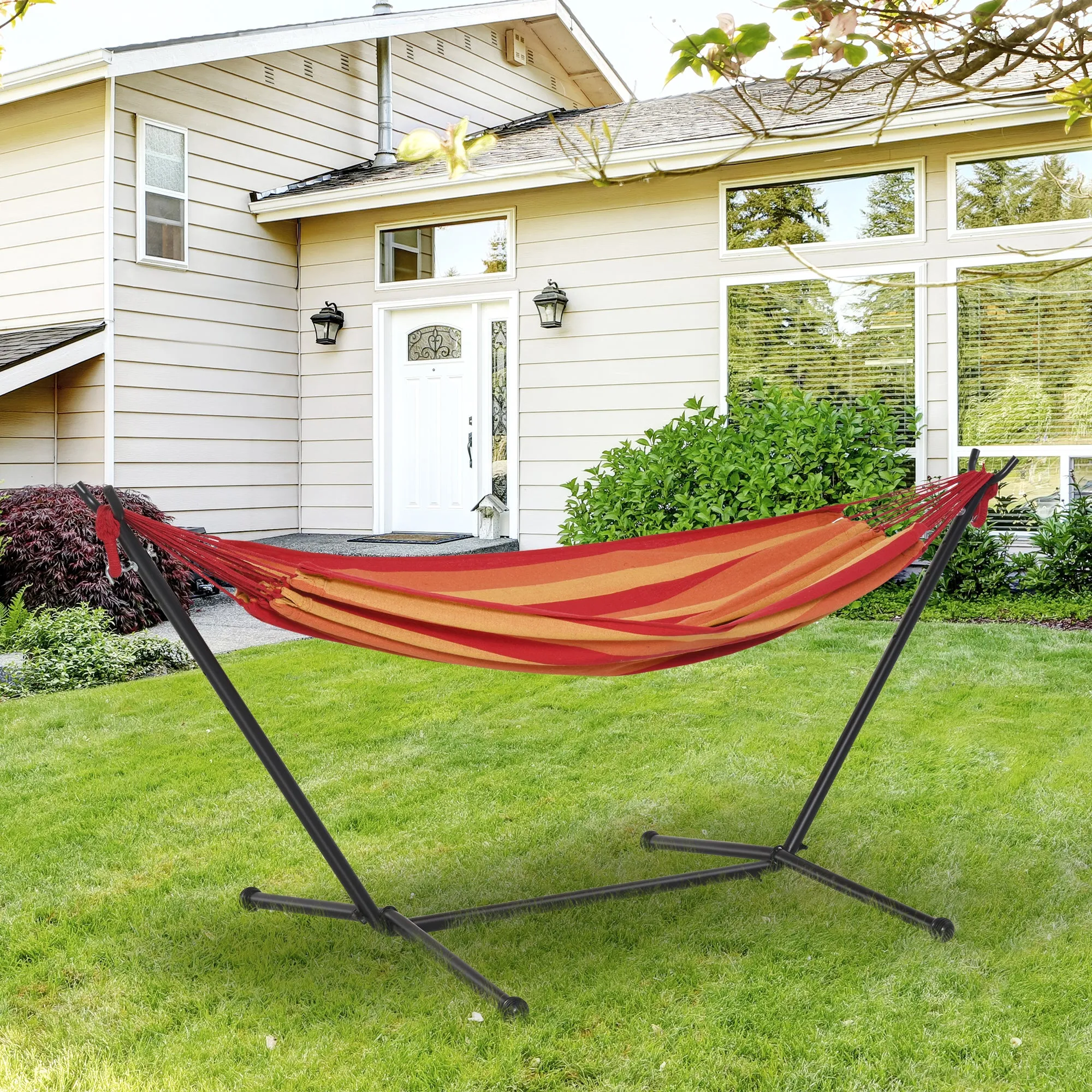 Hammock with Stand, Camping Hammock with Portable Carrying Bag, Adjustable Height, 120kg Load Capacity, Red Stripe,277 x 121cm