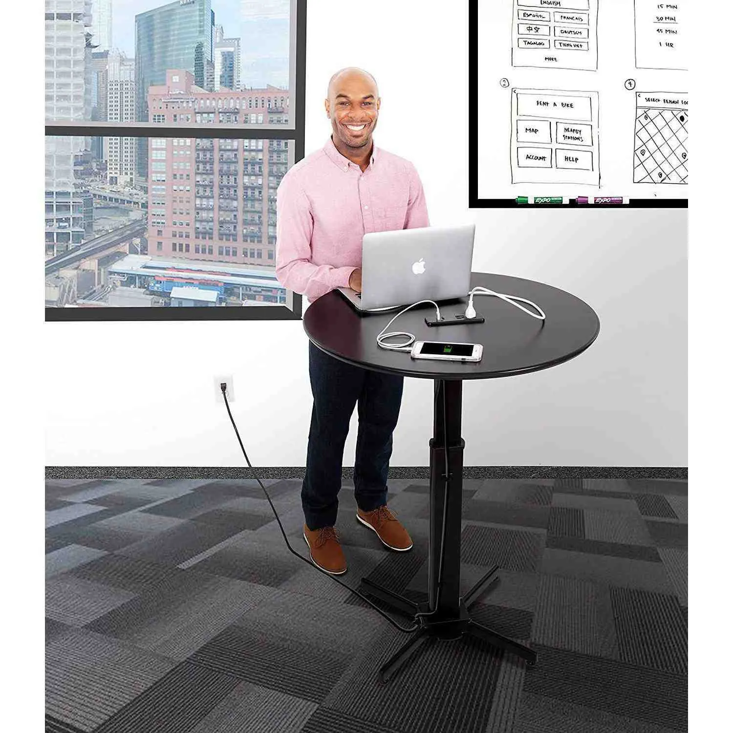 Height Adjustable Round Table with Built-In Charging