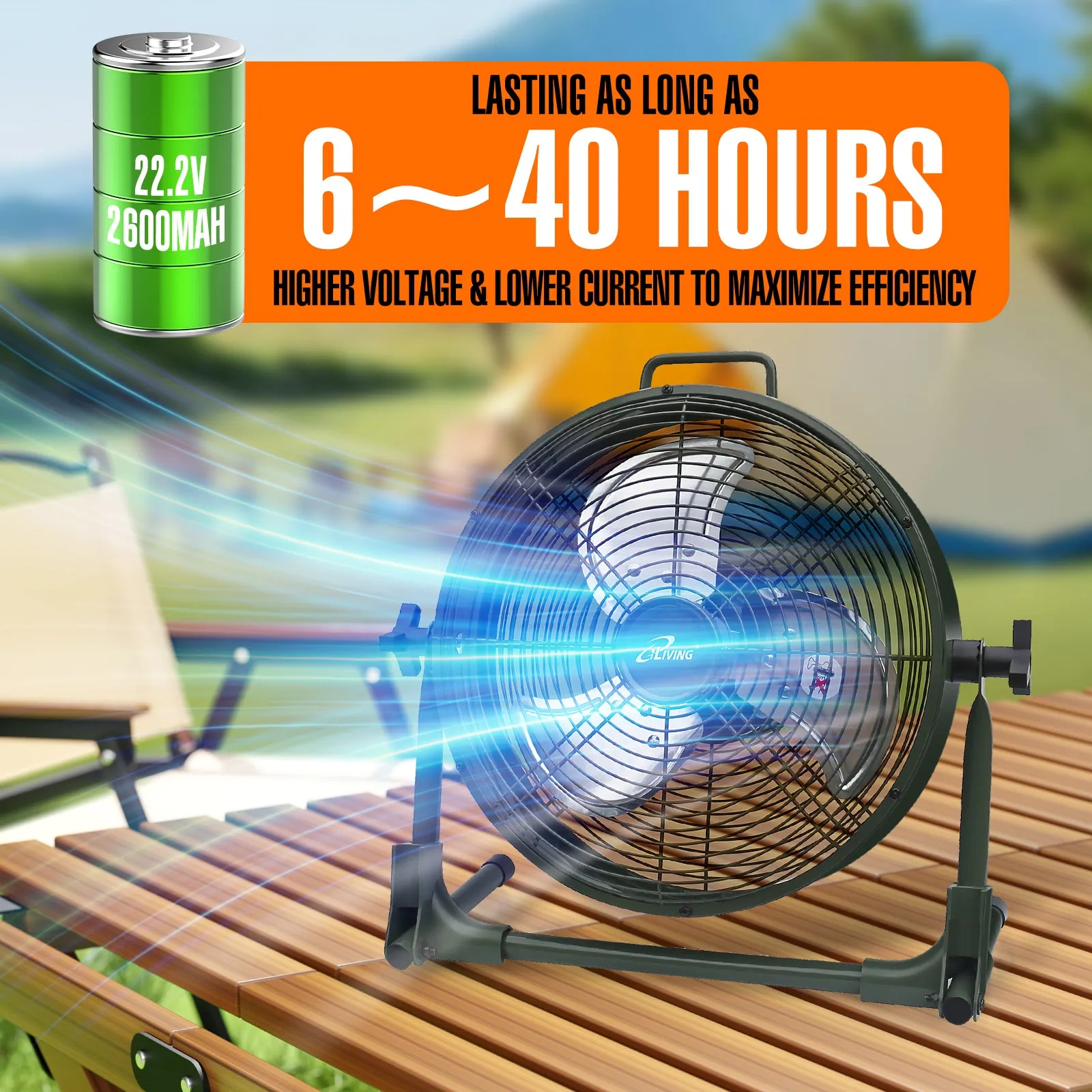 ILG8RX12 - iLiving 12" Rechargeable Battery Operated Camping Floor Fan, High Velocity Portable Outdoor Fan with Metal Blade, With Built-in Lithium Battery for Whole Day Usage, 12 Inches, Military Green