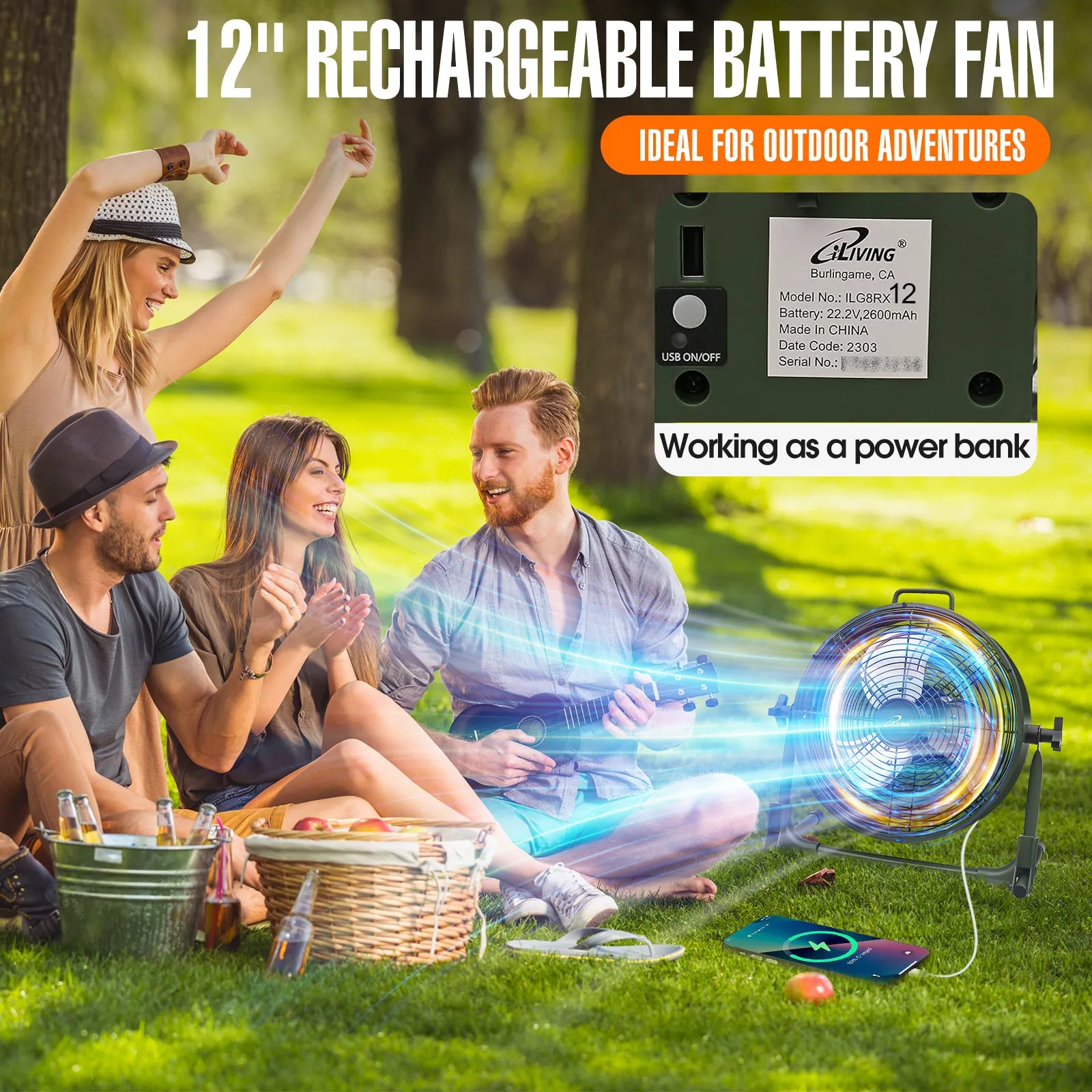 ILG8RX12 - iLiving 12" Rechargeable Battery Operated Camping Floor Fan, High Velocity Portable Outdoor Fan with Metal Blade, With Built-in Lithium Battery for Whole Day Usage, 12 Inches, Military Green