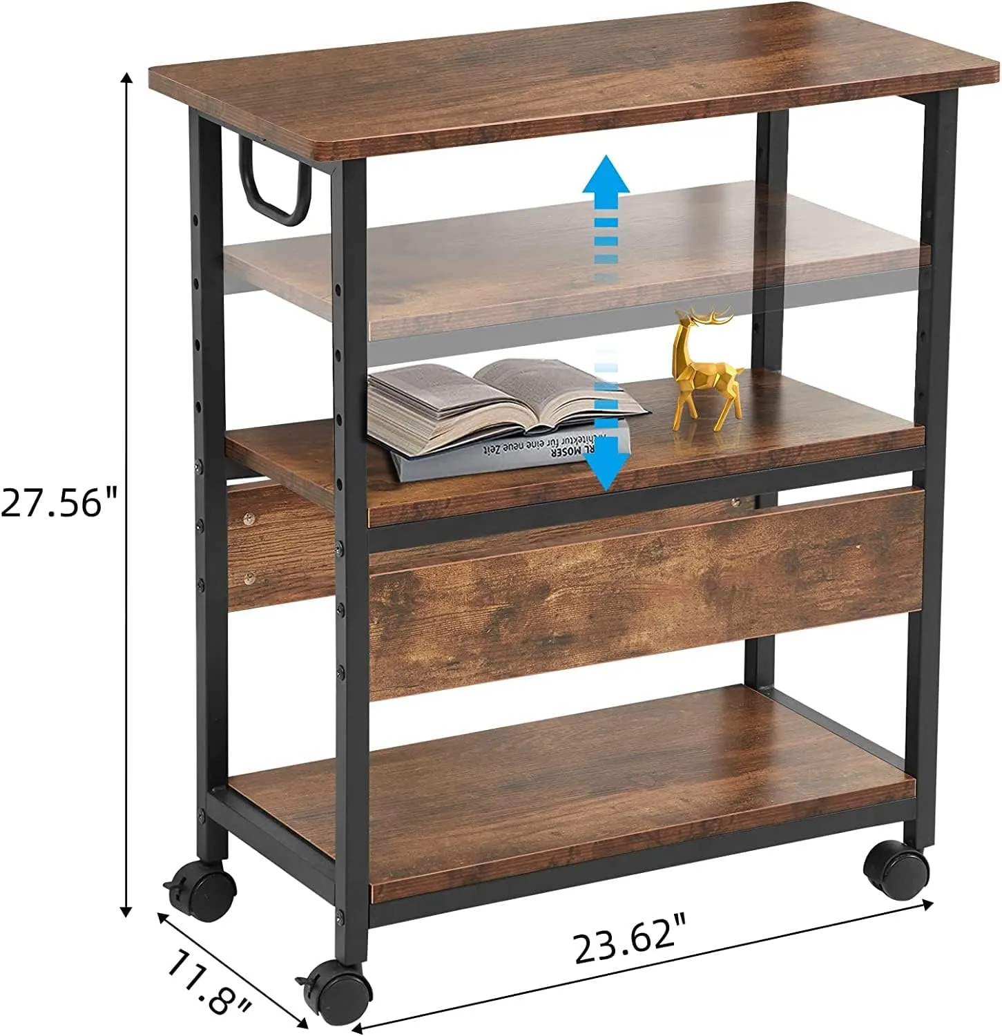 Indian Decor 11116 Turntable Stand, 3-Tier Record Player Stand, Vinyl Record Storage Cabinet with Metal Frame Holds Up to 180 Albums, Brown Record Table with Handle for Living Room, Bedroom, Office