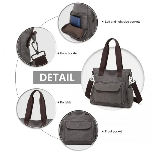 Kono Large Capacity Multi Compartment Canvas Crossbody Tote Bag - Grey | Versatile & Durable