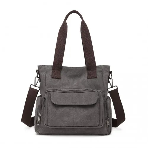 Kono Large Capacity Multi Compartment Canvas Crossbody Tote Bag - Grey | Versatile & Durable