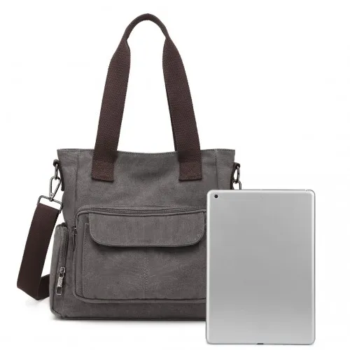 Kono Large Capacity Multi Compartment Canvas Crossbody Tote Bag - Grey | Versatile & Durable