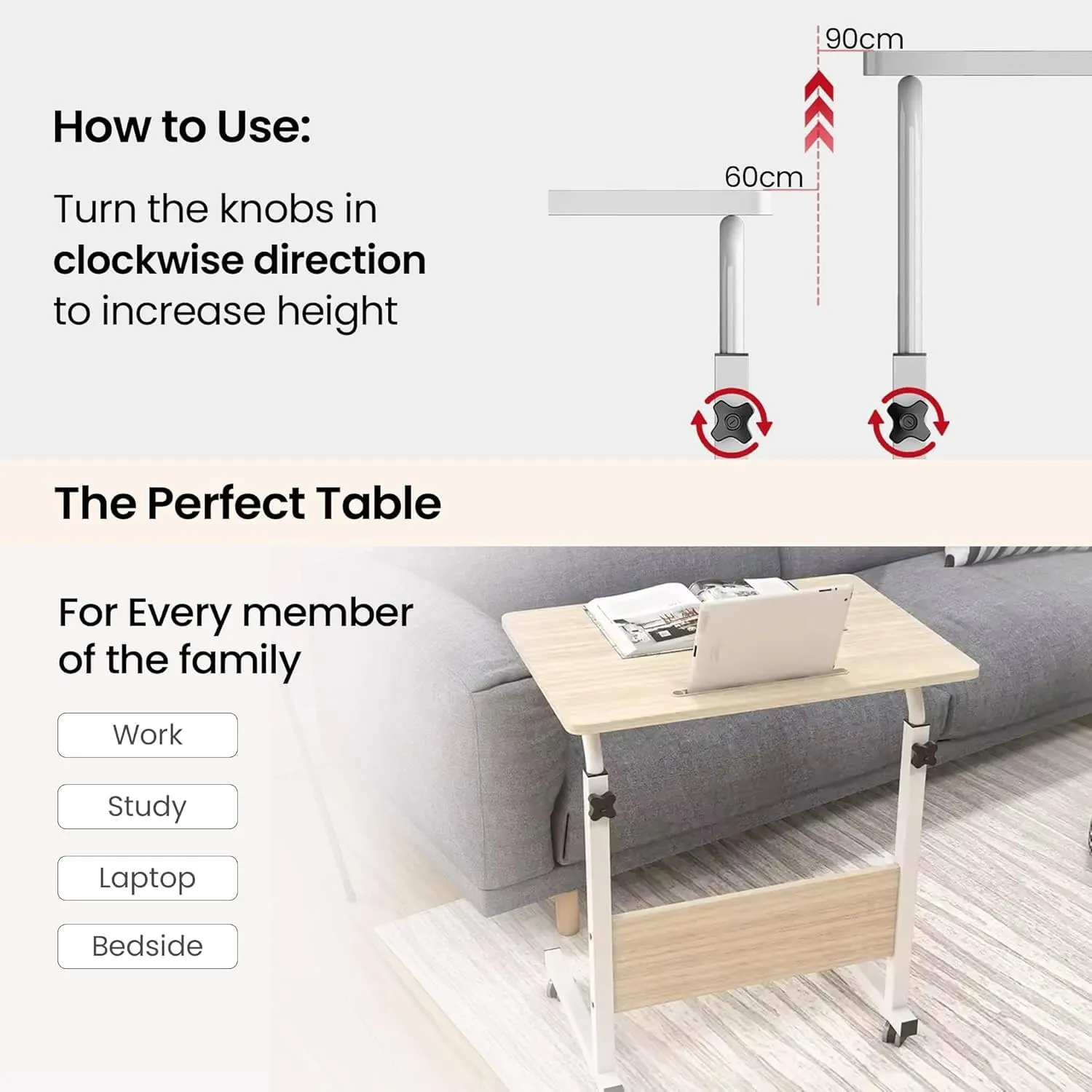 Kuber Industries Ergonomic Manual Height Adjustable Table for Work & Study with Wheels | Portable Standing Desk & Laptop Tables for Work from Home & Office | LF180MAP-White