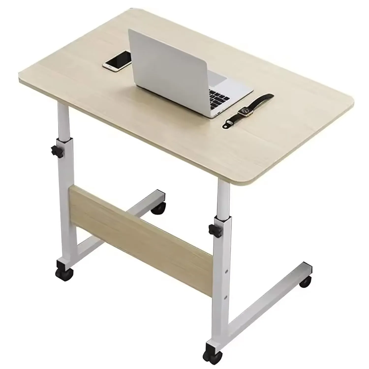 Kuber Industries Ergonomic Manual Height Adjustable Table for Work & Study with Wheels | Portable Standing Desk & Laptop Tables for Work from Home & Office | LF180MAP-White