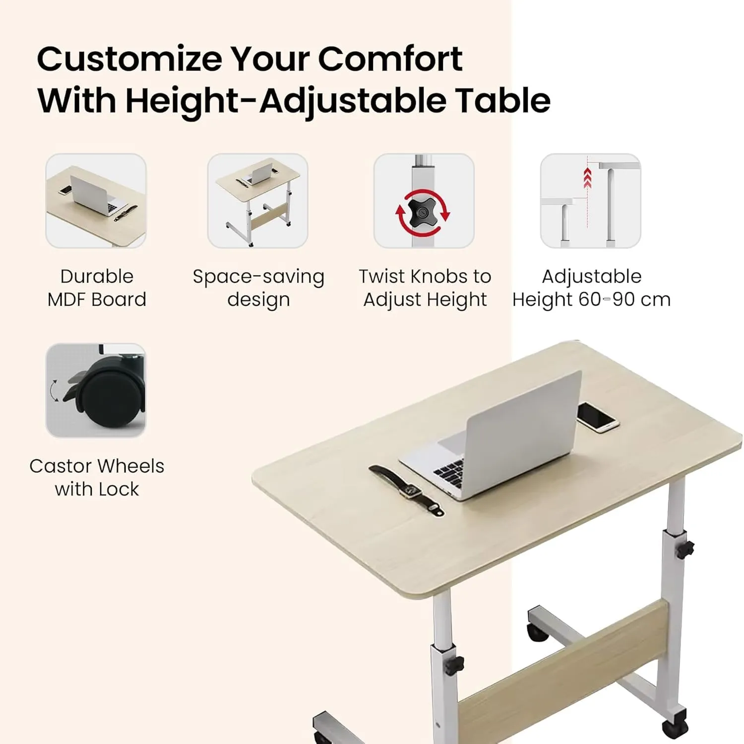 Kuber Industries Ergonomic Manual Height Adjustable Table for Work & Study with Wheels | Portable Standing Desk & Laptop Tables for Work from Home & Office | LF180MAP-White