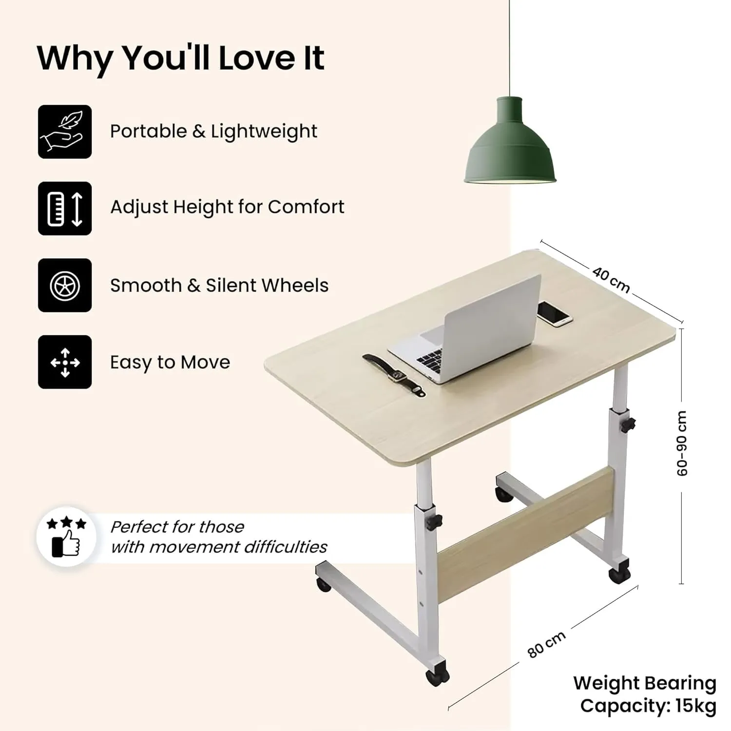 Kuber Industries Ergonomic Manual Height Adjustable Table for Work & Study with Wheels | Portable Standing Desk & Laptop Tables for Work from Home & Office | LF180MAP-White