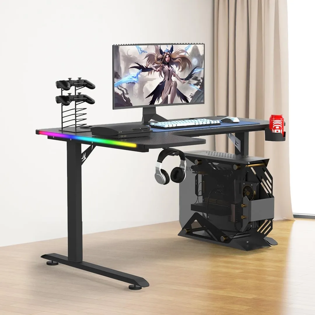 Kuber Industries L Shaped Motorized Height Adjustable Table for Work & Study with Earphone Hook & Cup Holder | Portable Standing Gaming Desk & Laptop Tables for Work from Home | LL1800RGBBLKSH-Black