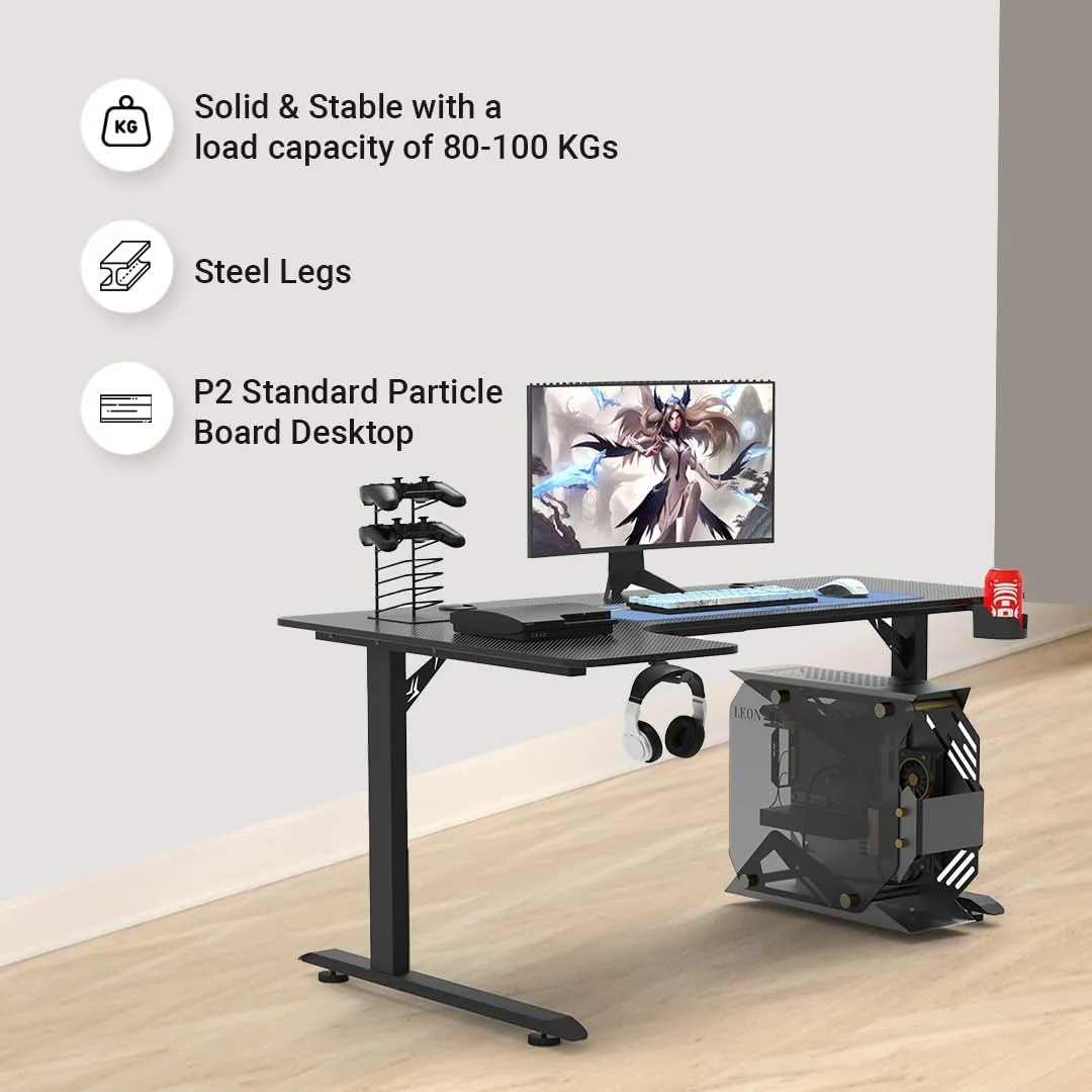 Kuber Industries L Shaped Motorized Height Adjustable Table for Work & Study with Earphone Hook & Cup Holder | Portable Standing Gaming Desk & Laptop Tables for Work from Home | LL1800RGBBLKSH-Black