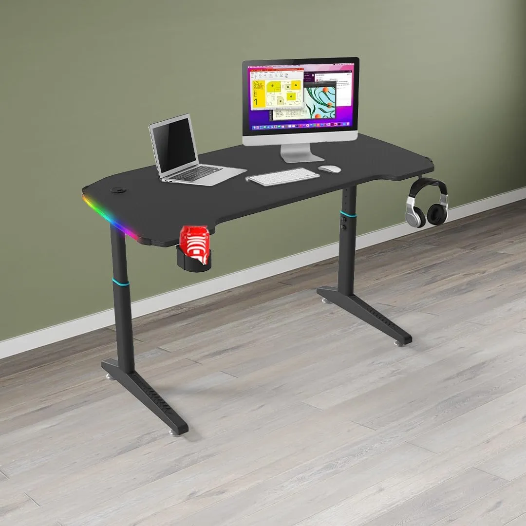 Kuber Industries Manual Height Adjustable Table for Work & Study with Earphone Hook & Cup Holder | Portable Standing Gaming Desk & Laptop Tables for Work from Home & Office | YY1400RGBBLKSH-Black