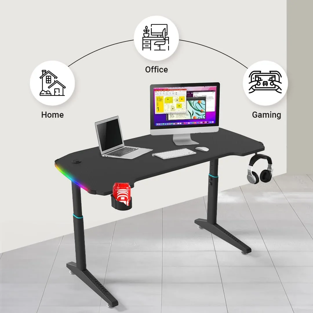 Kuber Industries Manual Height Adjustable Table for Work & Study with Earphone Hook & Cup Holder | Portable Standing Gaming Desk & Laptop Tables for Work from Home & Office | YY1400RGBBLKSH-Black