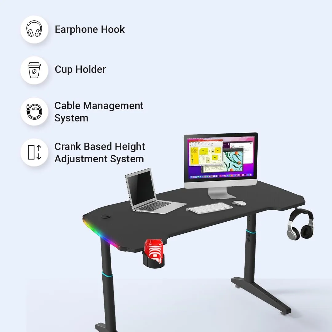 Kuber Industries Manual Height Adjustable Table for Work & Study with Earphone Hook & Cup Holder | Portable Standing Gaming Desk & Laptop Tables for Work from Home & Office | YY1400RGBBLKSH-Black