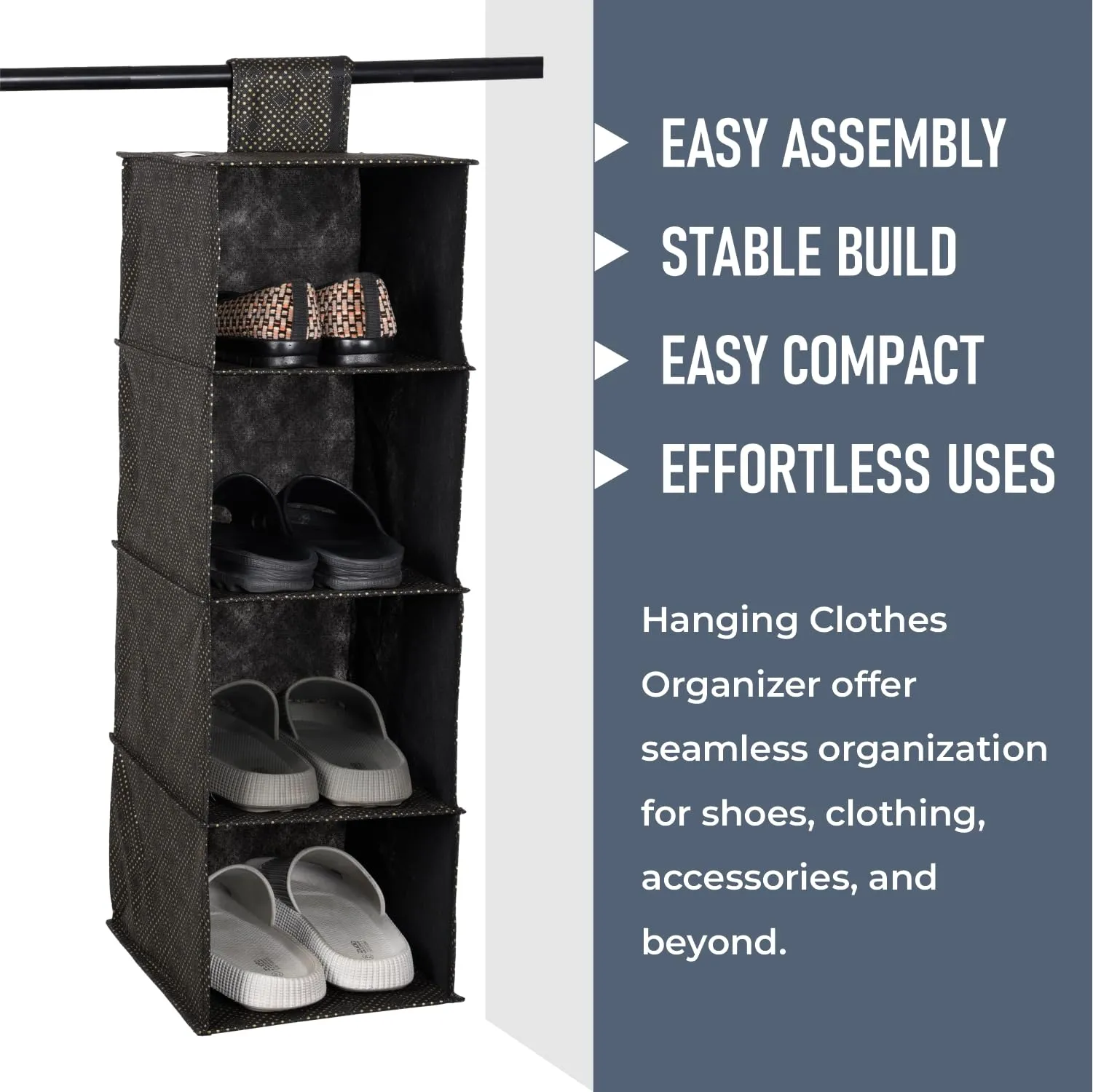 Kuber Industries Shoe Rack | 4 Shelf Foldable Storage Rack | Clothes Hanging Organizer | Shoe Storage Organizer | Closet Organizer with Velcro | Shoe Rack Golden-Dot | Black