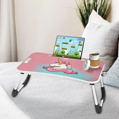 Kuber Industries Wooden Ergonomic Portable & Foldable Study Table for Bed with Cup Holder | Multipurpose Writing Table for Kids & Laptop Desk/Stand with Non-Slip Legs | Unicorn-Pink