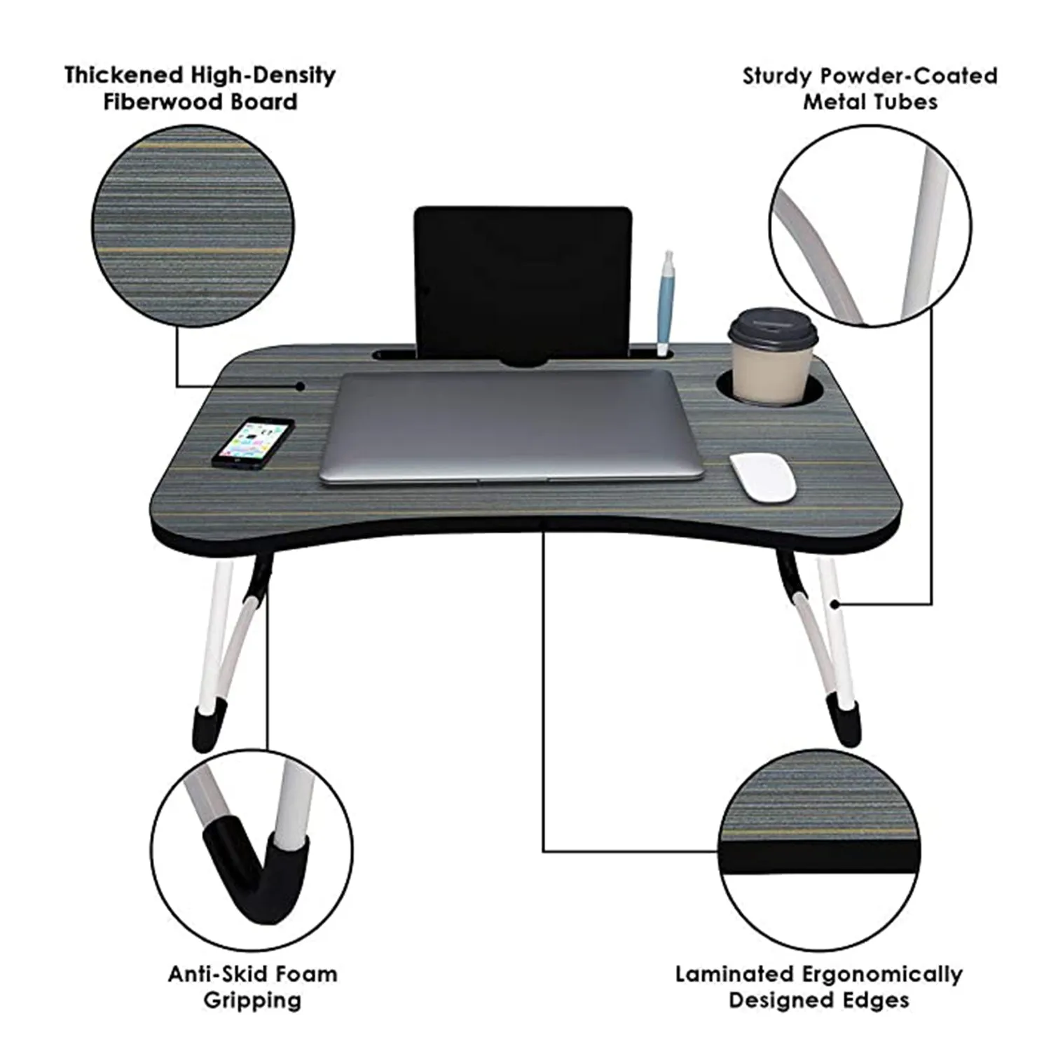 Laptop Table Foldable Portable Notebook Bed Lap Desk Tray Stand Reading Holder with Coffee Cup Slot for Breakfast, Reading & Movie Watching.