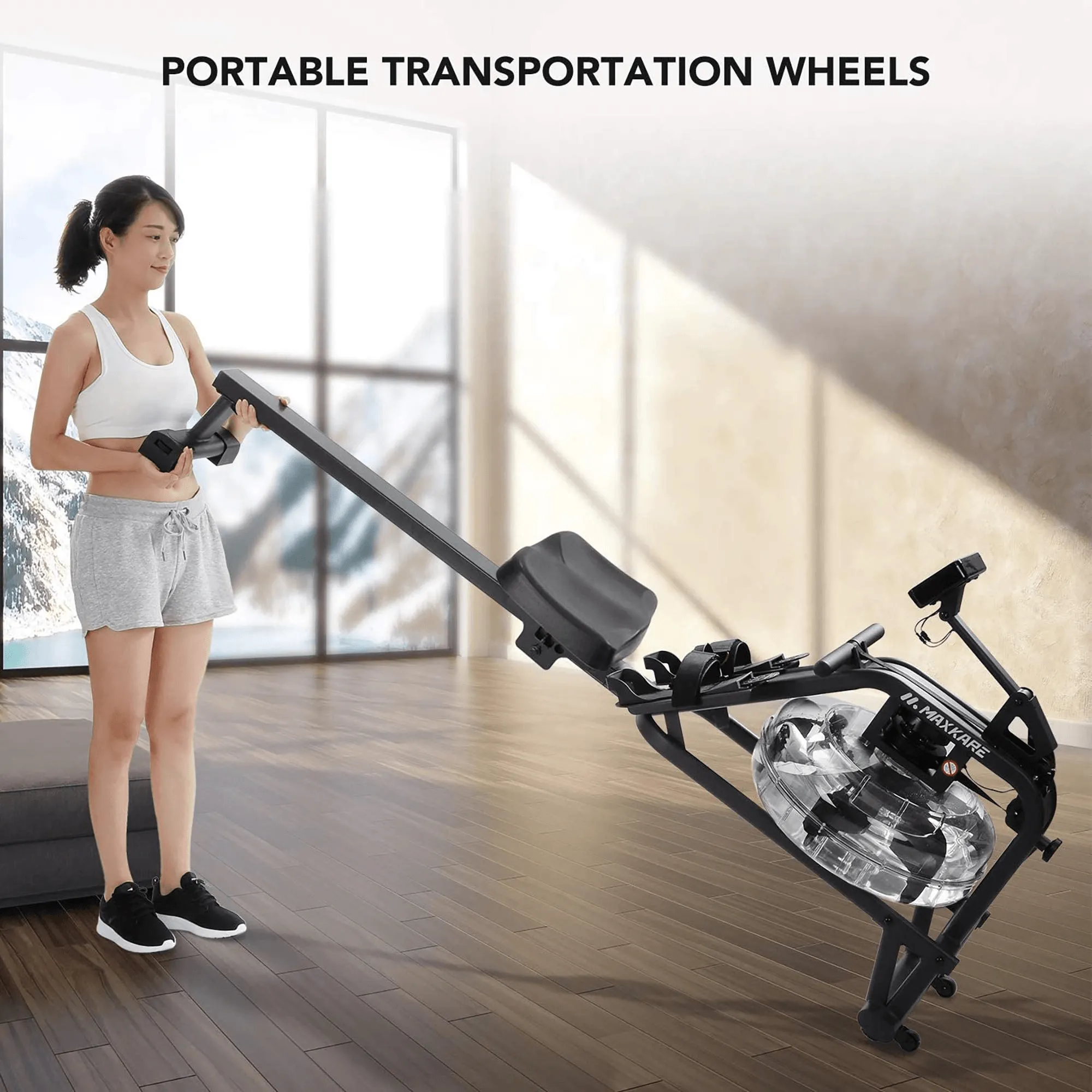 MaxKare Water Rowing Machine Foldable Exercise Rower Water Resistance Row Machine with Large LCD Monitor and Phone Holder