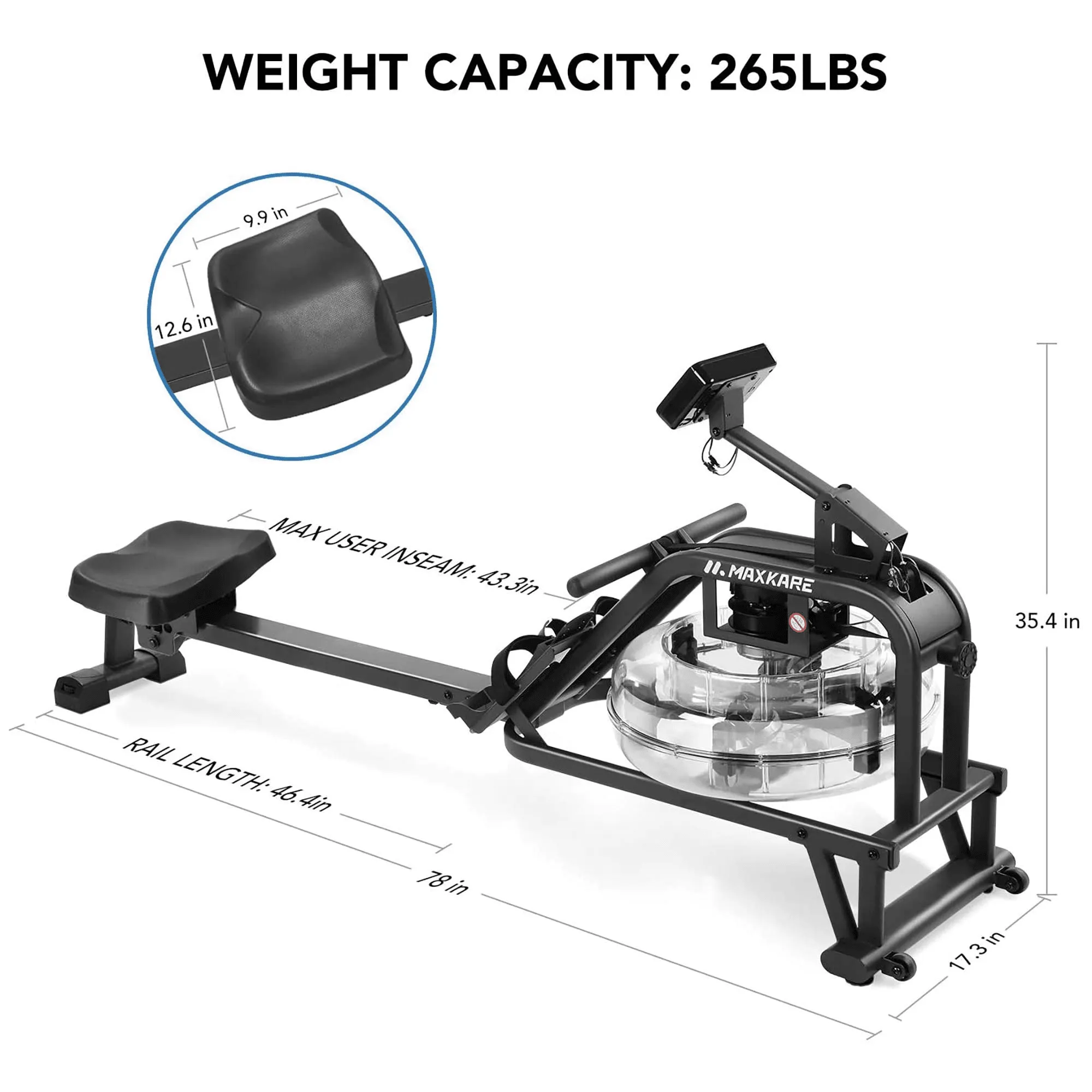 MaxKare Water Rowing Machine Foldable Exercise Rower Water Resistance Row Machine with Large LCD Monitor and Phone Holder