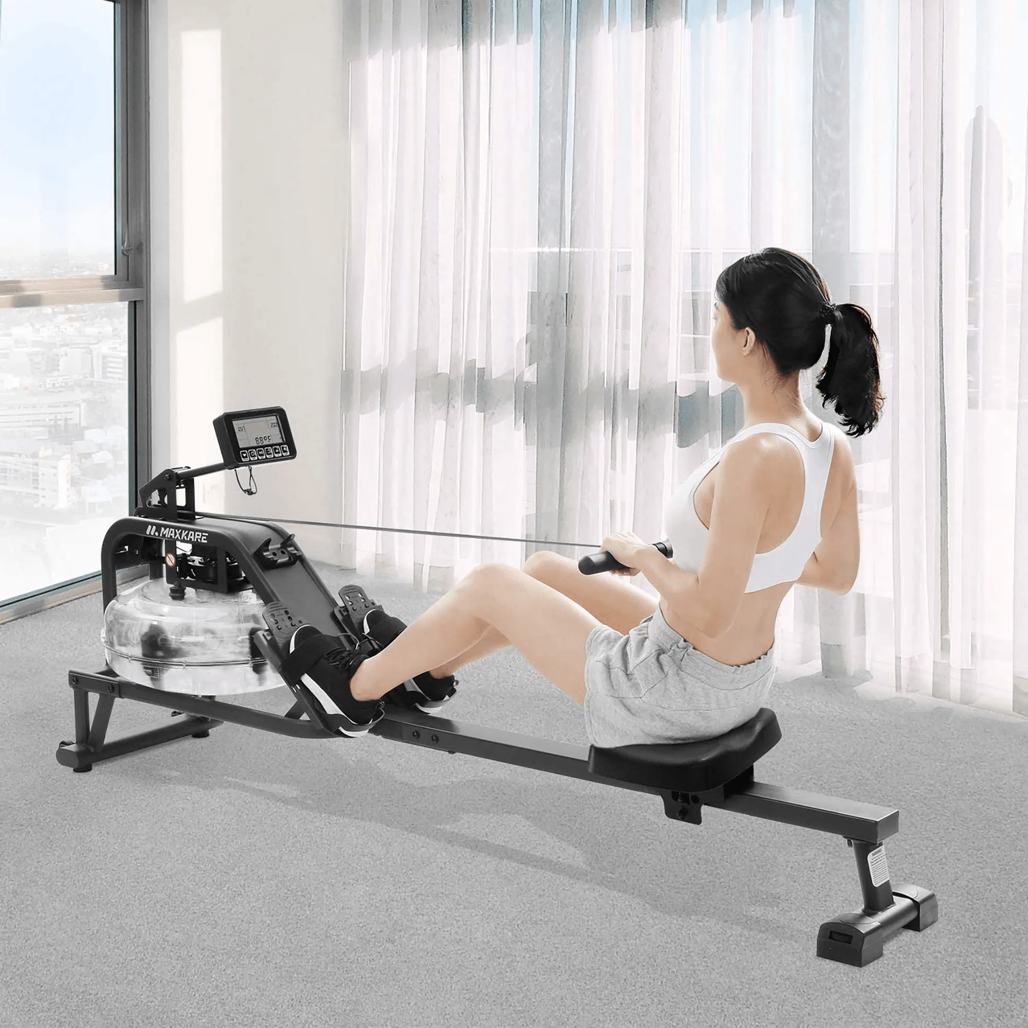 MaxKare Water Rowing Machine Foldable Exercise Rower Water Resistance Row Machine with Large LCD Monitor and Phone Holder