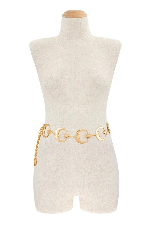 Metal Crescent Moon Chain Belt in Gold