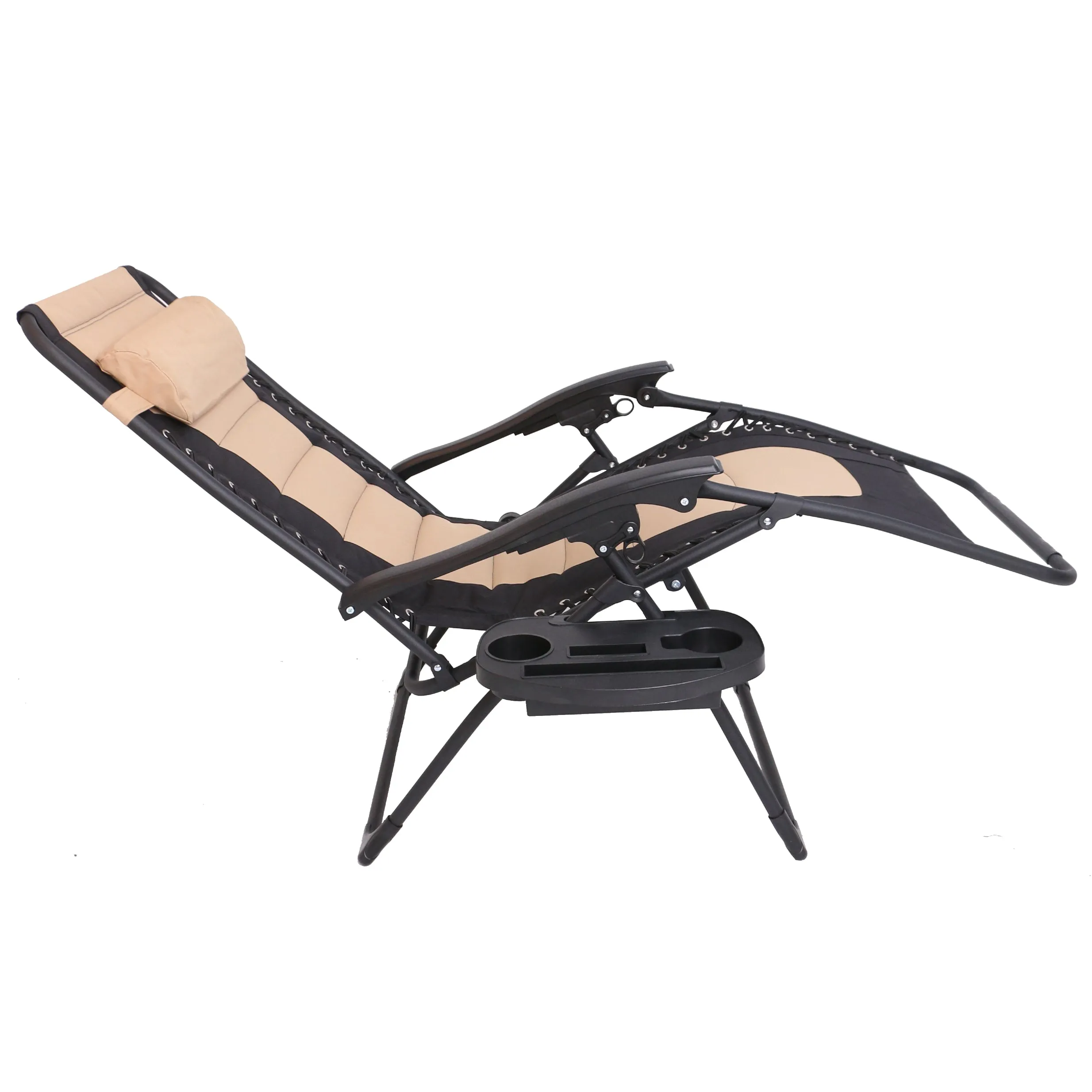 Oversized Padded Zero gravity Chair Recliner Folding Case lounge outdoor pool patio beach yard garden Utility Tray Cup Holder (Tan Black)