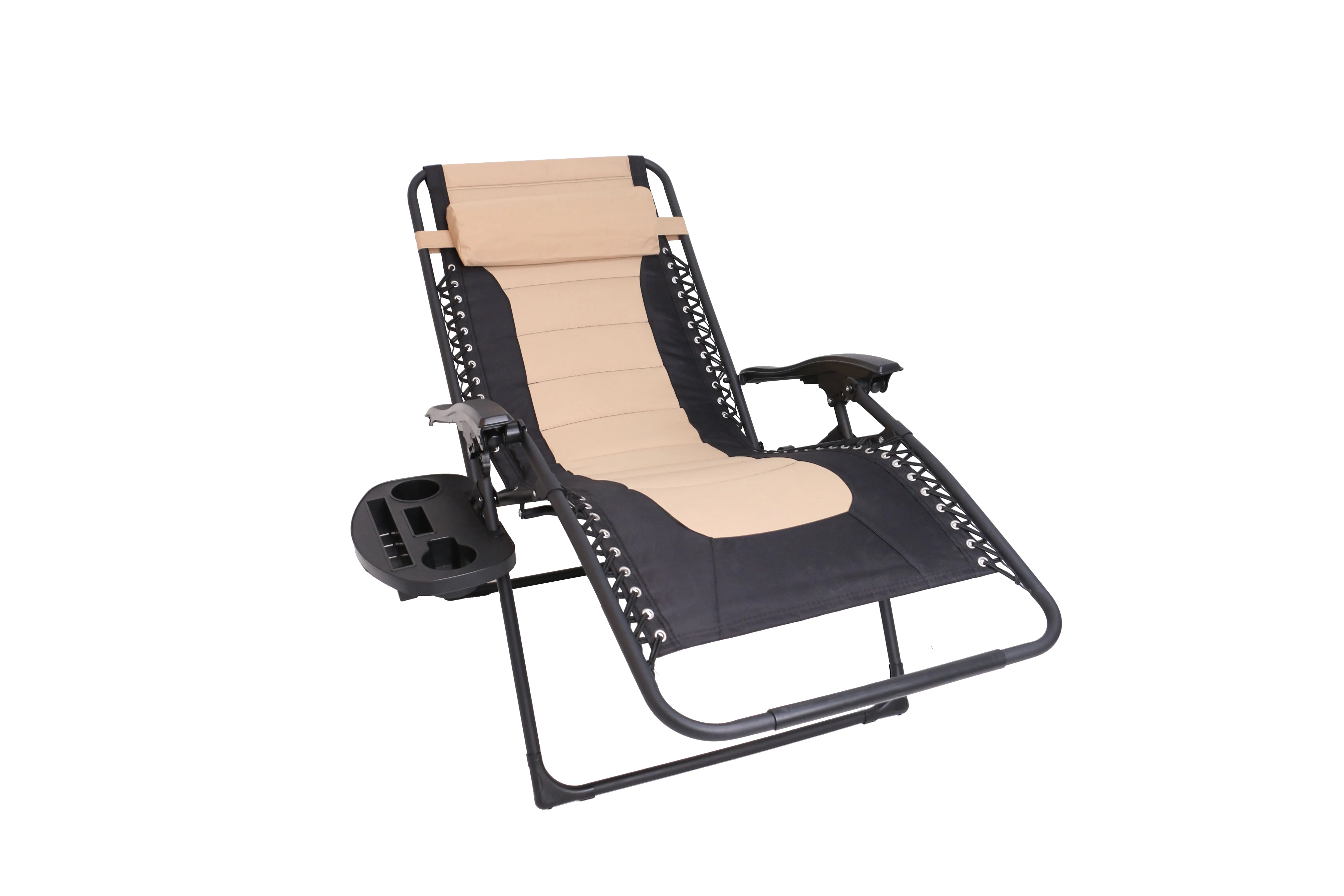 Oversized Padded Zero gravity Chair Recliner Folding Case lounge outdoor pool patio beach yard garden Utility Tray Cup Holder (Tan Black)