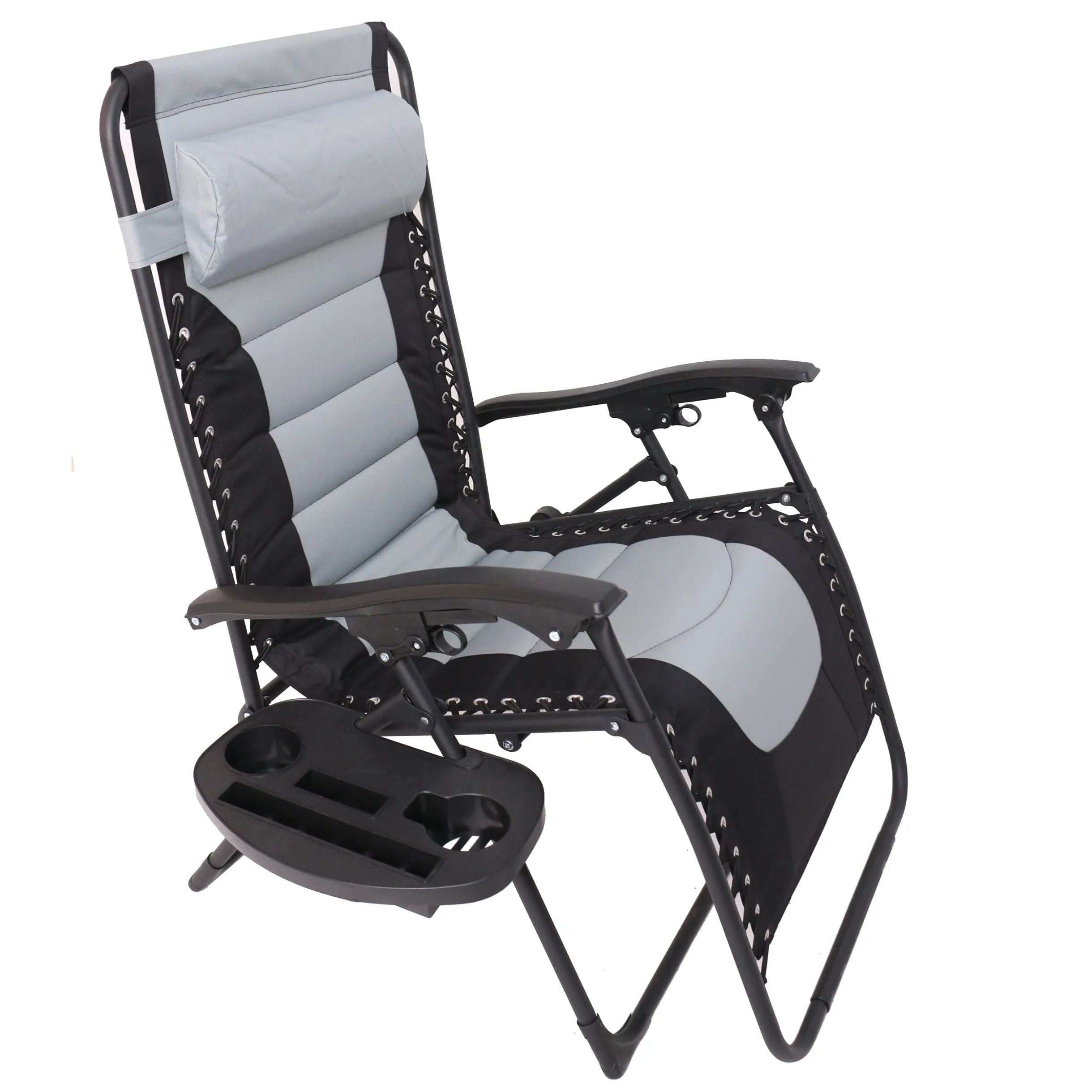 Oversized Padded Zero gravity Chair Recliner Folding Chaise lounge outdoor pool patio beach yard garden Utility XL Anti Gravity lounger, Side Tray Cup Holder, Headrest Pillow (Grey Black)