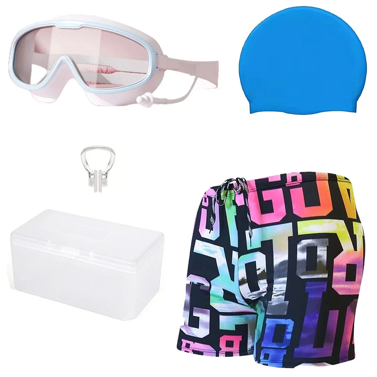 Professional Swimming Combo for boys- swimming trunk, cap, goggles, nose clip with box- Professional swimming gears white