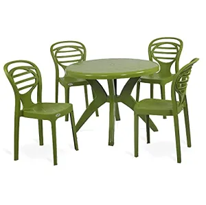 SkyGlamour Supreme Oak Chair with Marina Circular 4 Seater Dining Table | Plastic Dining Chair and Table for Dining Room Set, Garden | Indoor and Outdoor Use (Color: Mehandi Green; Qnt: 5 Pcs.)