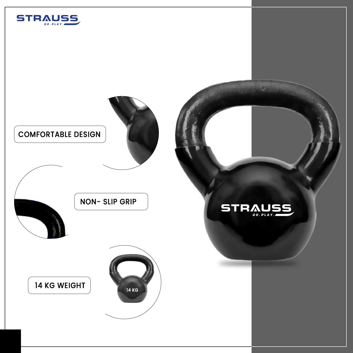 Strauss Premium Vinyl Kettlebell Weight for Men & Women | 14 Kg | Ideal for Home Workout, Yoga, Pilates, Gym Exercises | Non-Slip, Easy to Hold, Scratch Resistant (Black)