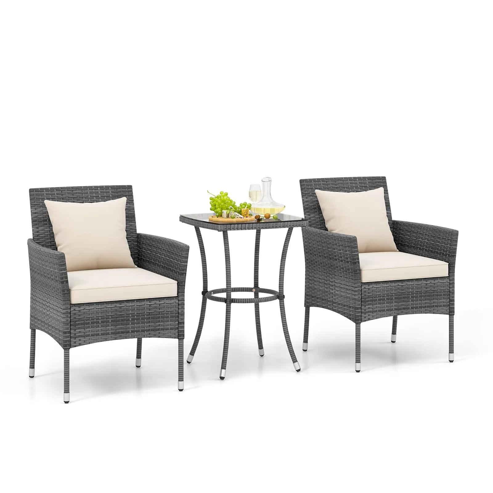 Tangkula 3-Piece Patio Furniture Set w/A Tempered Glass Table & 2 Cushioned Chairs