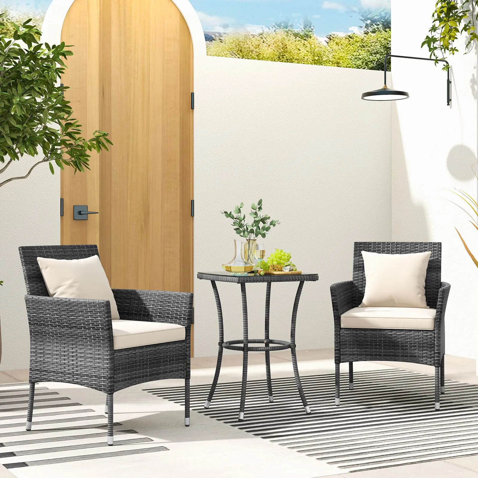 Tangkula 3-Piece Patio Furniture Set w/A Tempered Glass Table & 2 Cushioned Chairs