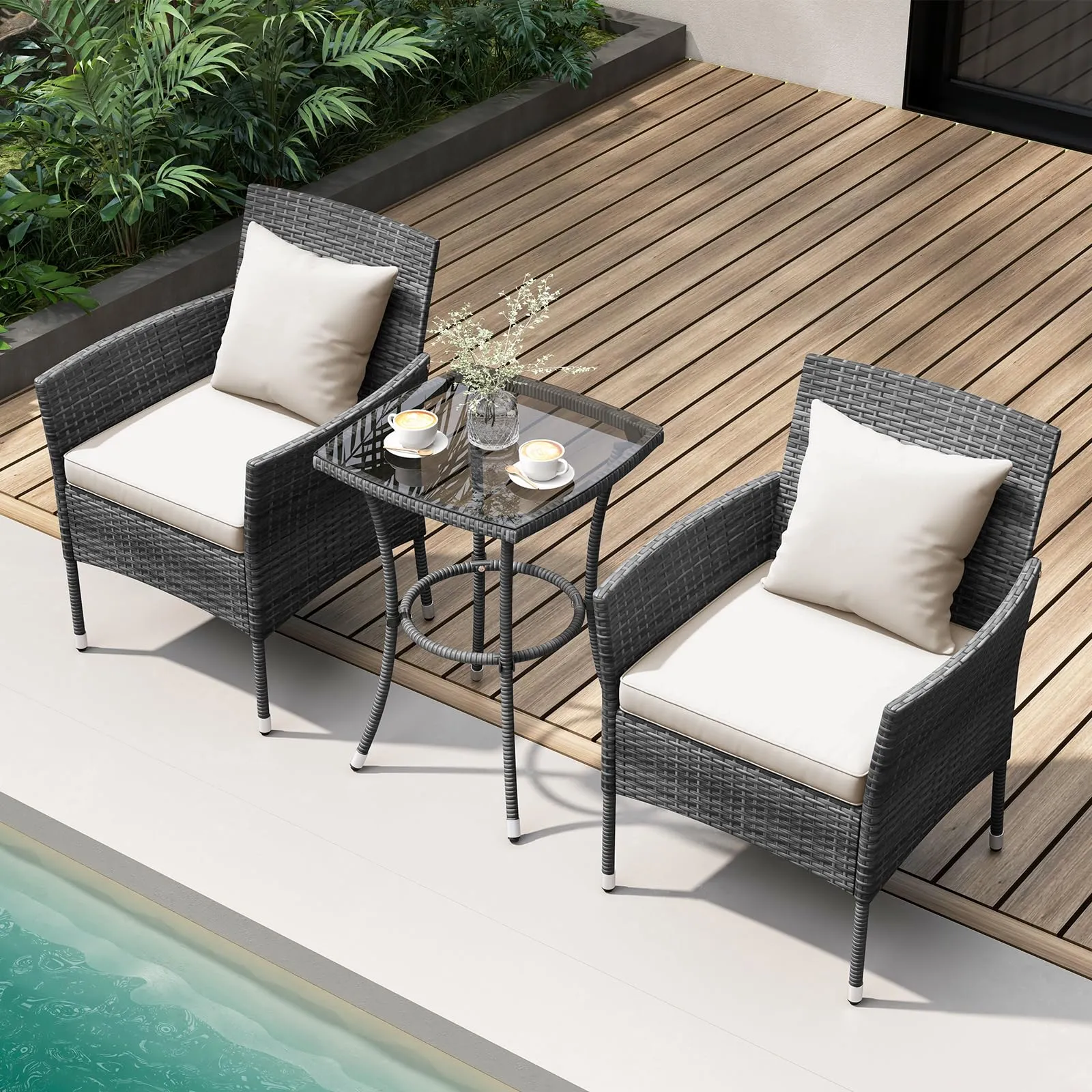 Tangkula 3-Piece Patio Furniture Set w/A Tempered Glass Table & 2 Cushioned Chairs