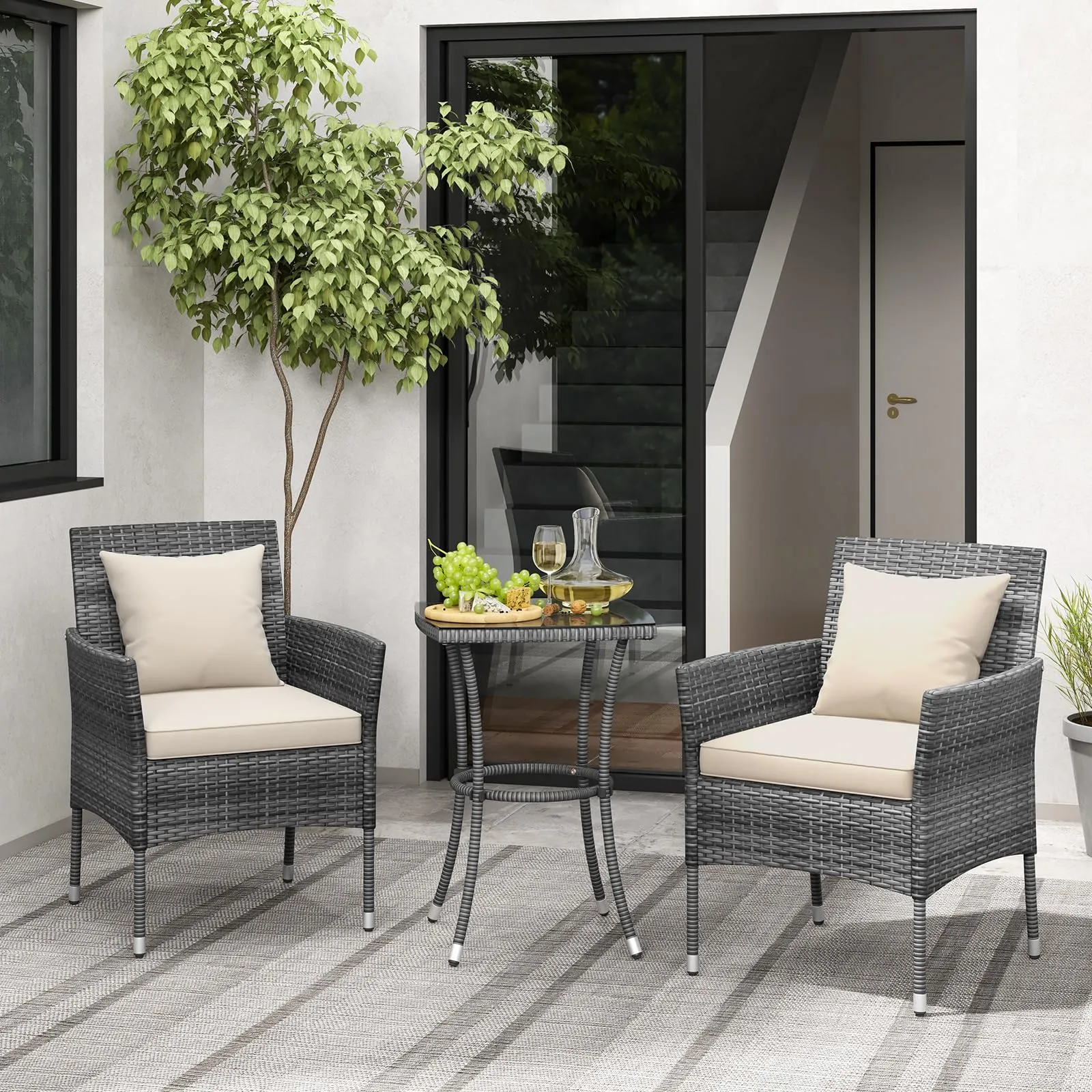 Tangkula 3-Piece Patio Furniture Set w/A Tempered Glass Table & 2 Cushioned Chairs