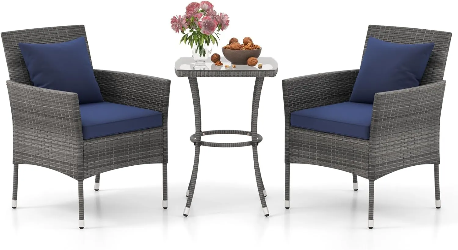 Tangkula 3-Piece Patio Furniture Set w/A Tempered Glass Table & 2 Cushioned Chairs