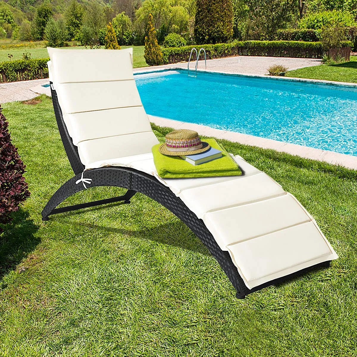 Tangkula Foldable Patio Lounge Chair, Outdoor Rattan Lounger Chaise