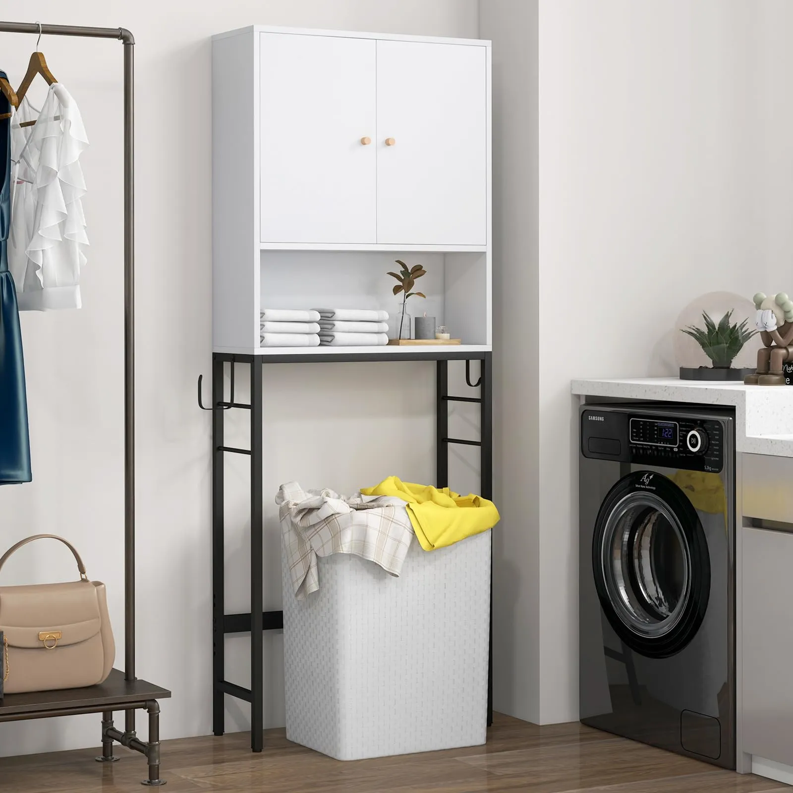 Tangkula Over The Toilet Storage Cabinet, Freestanding Toilet Rack w/ 2 Doors, Adjustable Shelf