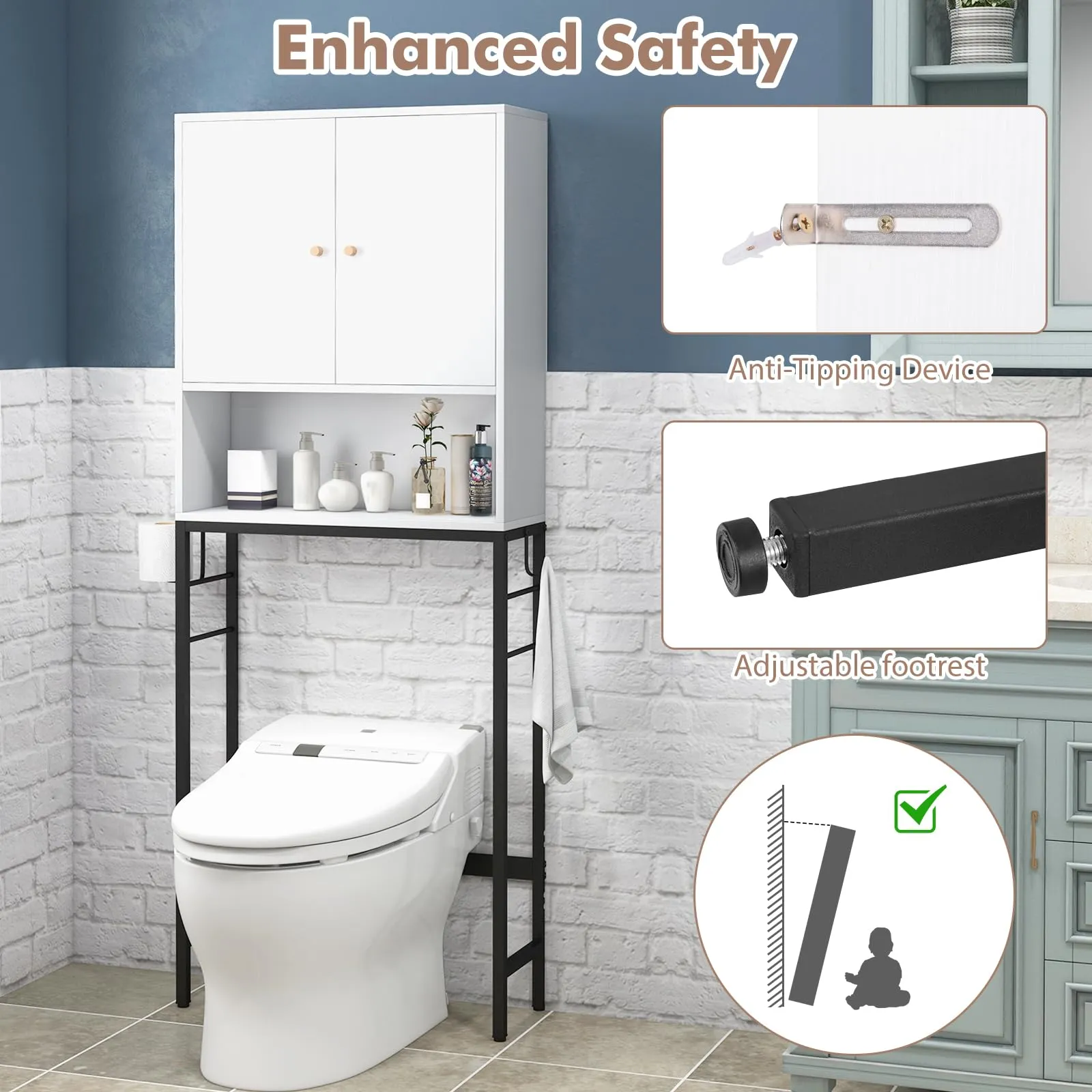 Tangkula Over The Toilet Storage Cabinet, Freestanding Toilet Rack w/ 2 Doors, Adjustable Shelf