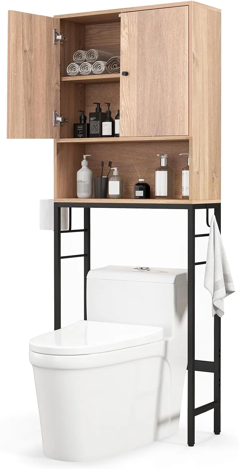 Tangkula Over The Toilet Storage Cabinet, Freestanding Toilet Rack w/ 2 Doors, Adjustable Shelf