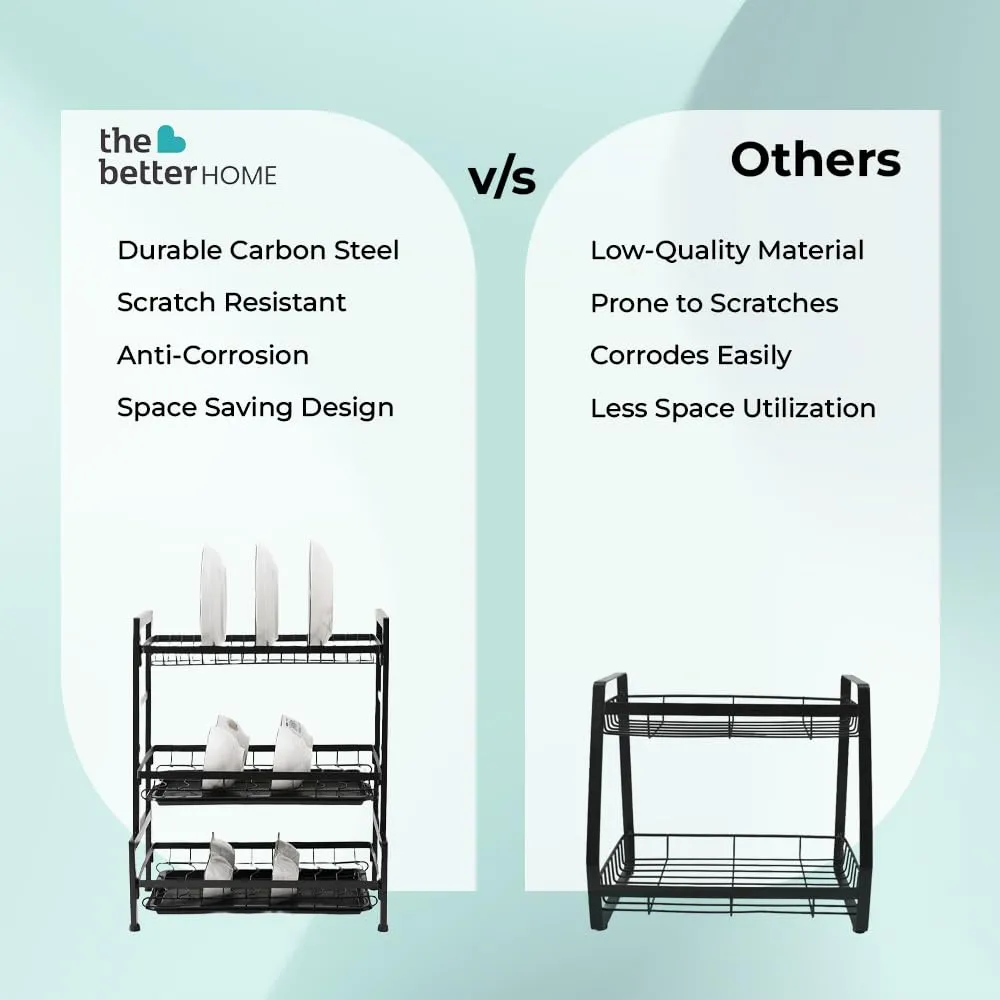 The Better Home Free Mounting Dish Rack | Stackable Kitchen Basket for Storage | Carbon Steel Collapsible Foldable Basket for Fruits and Vegetables | Rust-Resistant | Unbreakable (Dish Rack - 3 Layer)