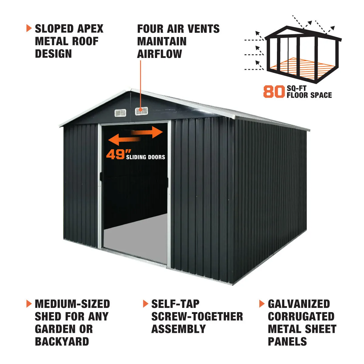 TMG Industrial 8’ x 10’ Galvanized Apex Roof Metal Shed, 29 GA Corrugated Metal, 67” Edge Height, TMG-MS0810